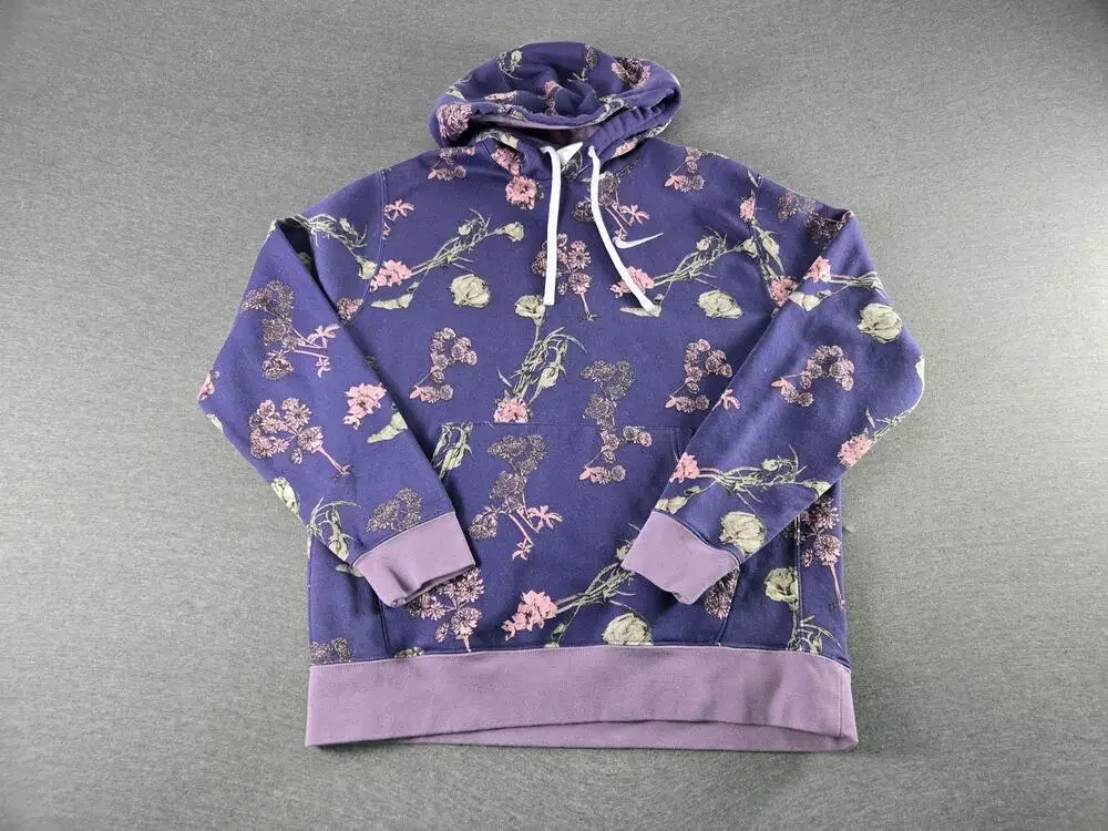 Nike Hoodie Sweatshirt Womens Large Purple Floral Fleece Pullover Graphic Print